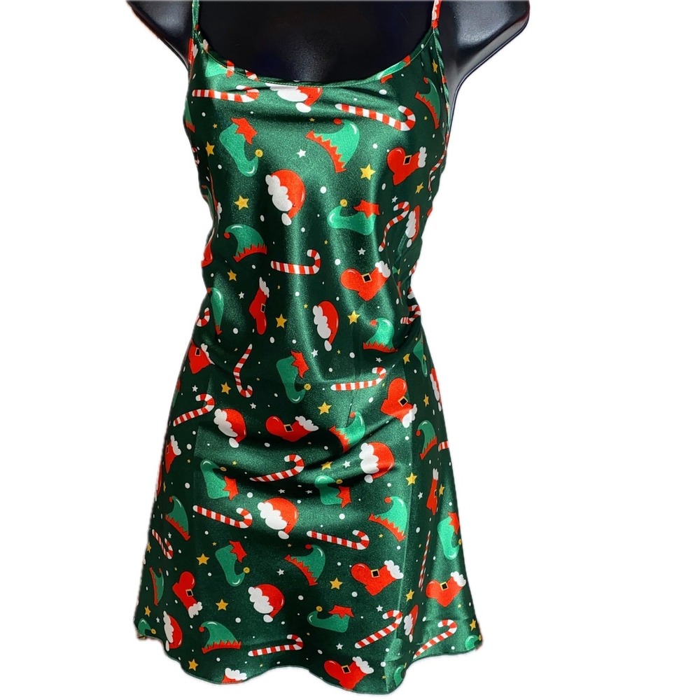 New Medium Christmas Print Green Satin Silky Cami Nightgown Dress Sleep Festive - Picture 4 of 6